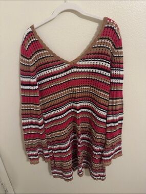 Striped Women's Swimsuit Coverup in Brown, Black, Pink & White
